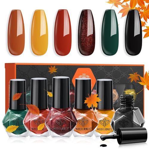 MODELONES Vernis à Ongles, 6 PCS Brillant Séchage Rapide Vernis à Ongles Lot Automne Orange Rouge Vert Noir Pailleté, à Base D'eau Vernis Lot, DIY Nail Art Manucure, Cadeau pour Les Femmes