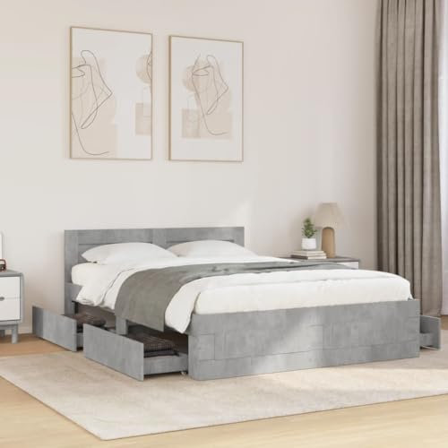 vidaXL Bed Frame w/Headboard - Concrete Grey, Small Double - Engineered Wood/Plywood - Storage Drawers, 193x123x69 cm