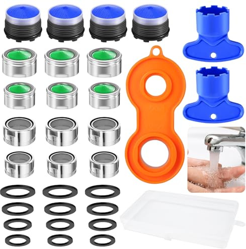 UZSUZZ 16 Stück Wasserhahn-Luftsprudler Ersatzteil M24 M22 M20 M18,5 M28 Wasserhahn-Luftsprudler Wasserhahndüse Ersatzteil, Wasserhahn-Adapter-Set mit Dichtungen und Wasserhahnbelüfterschlüssel,