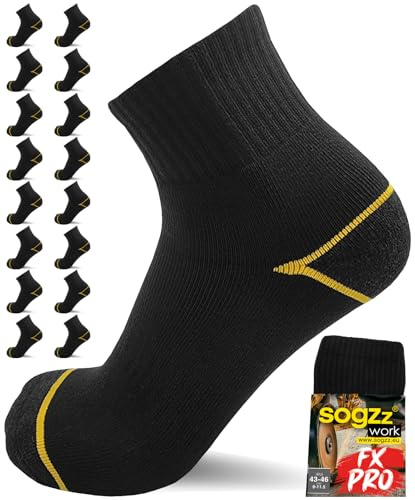 sogzz Halbhohe Arbeitssocken kurz WORK FX PRO aus 85% Baumwolle mit Kurzschaft, Quarter, Herren Damen Männer, kurze Arbeit Socken für Arbeitsschuhe, halbhoch, robust, schwarz, 8 Paar, 43-46