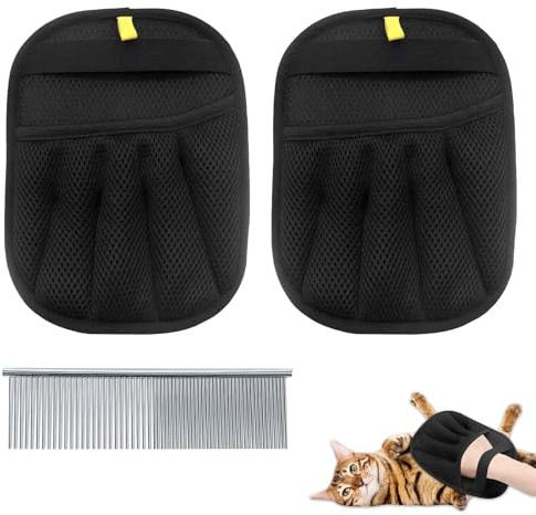 ePicsoa Pack of 2 Fur Magnet Gloves with Stainless Steel Comb, 2025 Upgrade Efficient Care Gloves, Reusable Pet Hair Remover, Antistatic Pet Glove for Smooth and Healthy Fur