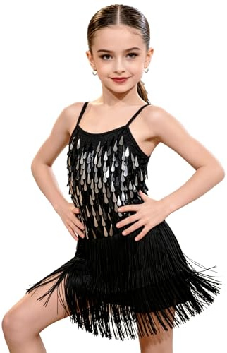 LOLANTA Paillette Frange Danza Costume Bambina, Abiti Ballo Latino Salsa Rumba Bambini, Mini Abito Completo Ballo Senza Maniche con Nappe e Pantaloncini, Nero, 8-9 Anni, 140