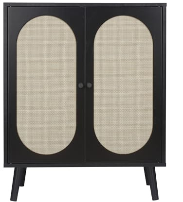 GuannCraft Moderner Kleiderschrank aus Holz mit Rattantüren – geeignet für kleine Räume, Eingangsbereiche, atmungsaktive Aufbewahrungsschränke und Kleiderschränke. (Schwarz)