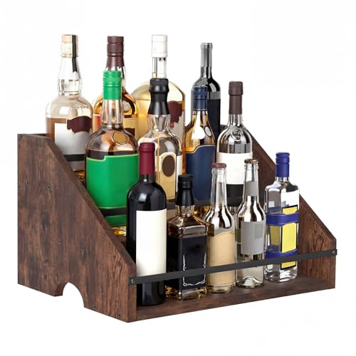 TOQUE Wooden Wine Rack, 3 Tier Countertop Wine Rack for Home Bar and Kitchen, Freestanding Liquor Bottle Display Shelf with Metal Guard Rails, Holds 12 Bottles, Brown