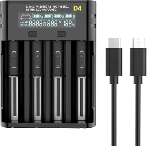 18650 Battery Charger, LCD Intelligent 21700 Battery Charger 4 Slots Charging Socket 3 Charging Ports Charger for 3.6-3.7V Li-ion Battery:18700/20700/22650, 1.2-2.4V Ni MH/Ni CD: AAAA/AAA/AA