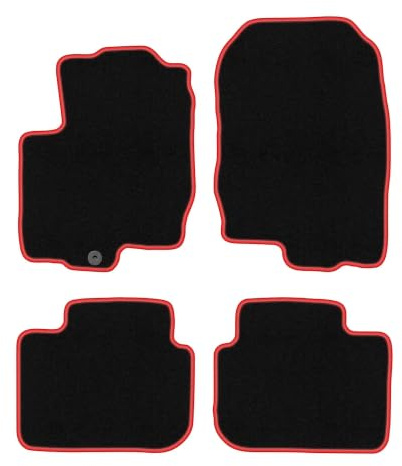 Velours-Fußmatten passend für Mitsubishi Colt VI Z30 2004-2008, Schwarz-Rot | passend für Schrägheck; Velours-Teppich (Polypropylen), ca. 6,5 mm; rutschfest, vormontierte Befestigungen (Typ AV)