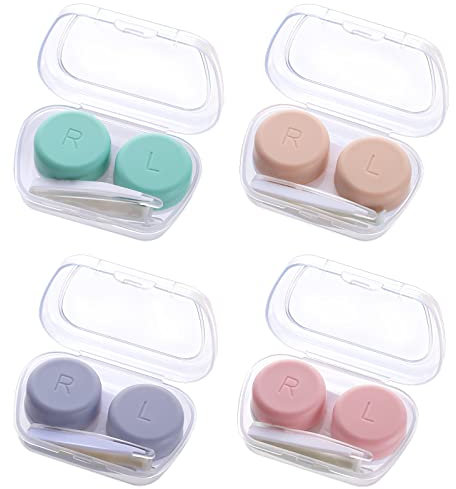 Medo 4 Pack Contact Lens Cases, Contact Lens Container Box Portable Travel Contact Lens Case Left/Right Eyes Contact Lens Holder with Storage Box Tweezers Wearing Stick