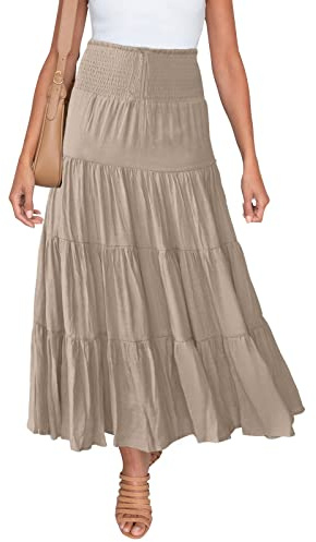 HAEOF Women's Summer Flowy Boho Maxi Skirt Trendy Smocked Waist Ruffle Tiered A Line Casual Beach Long Skirts Midi Dress(Khaki, S)