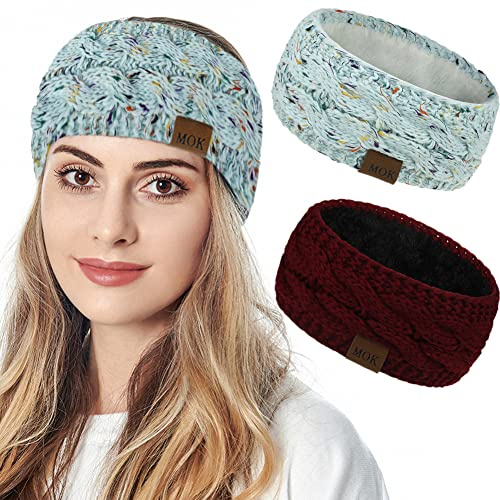 JFAN Bandeau Cheveux Femme Hiver Bandeau Oreille Tricoté Cache-Oreilles doux et Pelucheux 2 Pièces Bleu+Rouge