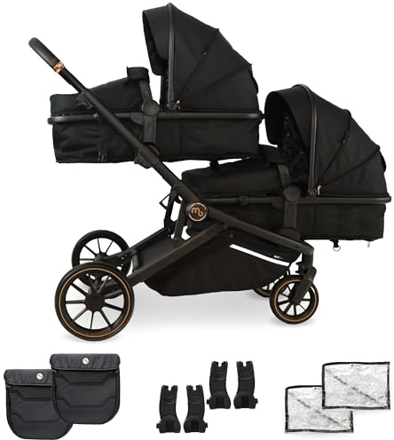 My Babiie MB33 Tandem Pushchair – Birth to 15kg Double Stroller, Twin Convertible Seat, 11 Configurations, Duo Includes Car Seat Adapters, Rain Covers – Black Leopard