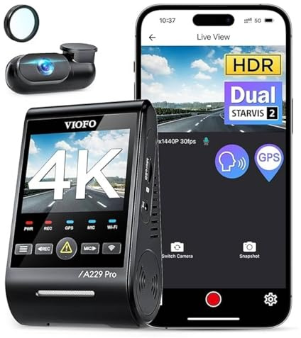 VIOFO A229 Pro 4K HDR Dash Cam, Dual STARVIS 2 IMX678 IMX675, 4K+2K Front and Rear Car Camera, 2 Channel with HDR, Voice Control, 5GHz WiFi GPS, Night Vision 2.0, 24H Parking Mode