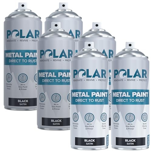 Polar Direct to Rust Satin Black Metal Spray Paint - 6 x 400ml - Perfect for Metal, Wood, Furniture, Rust - Outdoor & Indoor Surfaces - Easy to Apply - 3 in 1 Primer, Undercoat & Topcoat | 3-in-1 Metal Primer, Undercoat and Topcoat, Direct to Rust, Corrosion and UV Resistant, Indoor and Outdoor