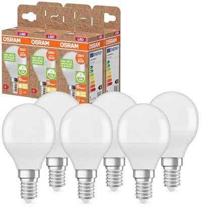 Osram LED STAR CLASSIC P 25 FR LED-Lampe, E14, klassische Miniballform, weiß, 3,3W, 250lm, 2700K, warmweißes Licht, sehr geringer Energieverbrauch, mit recyceltem Kunststoff, 6 - Pack