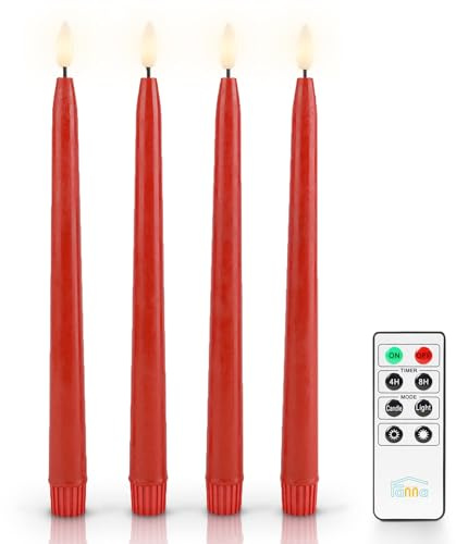 Fanna Set med 4 röda LED-ljusstakar med timer, LED-ljusstake med äkta vaxfinish för jul, fjärrkontroll och batterier ingår, inomhusbruk, H 28 cm
