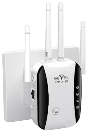 2025 Upgraded WiFi Extender Booster – AC300 Mbps, Single Band, 4 High-Gain Antennas, Covers Up to 5000 Sq.ft & 50 Devices, Wireless Signal Repeater with Ethernet Port, 1-Click Setup, AP Mode,