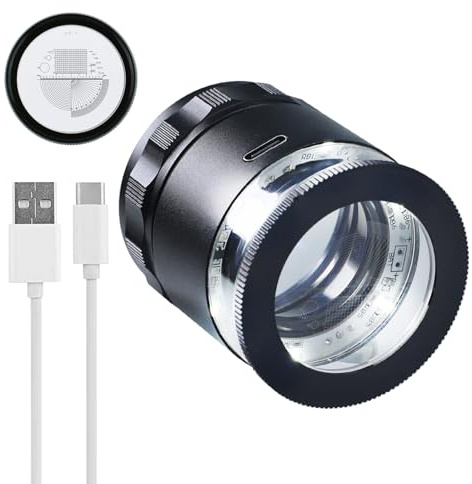 Lente d'ingrandimento 10X per gioiellieri, ricaricabile, con tabella delle scale, 6 luci LED, campo visivo da 25 mm, ingrandimento gioielli per gemme, monete, francobolli, riparazione orologi