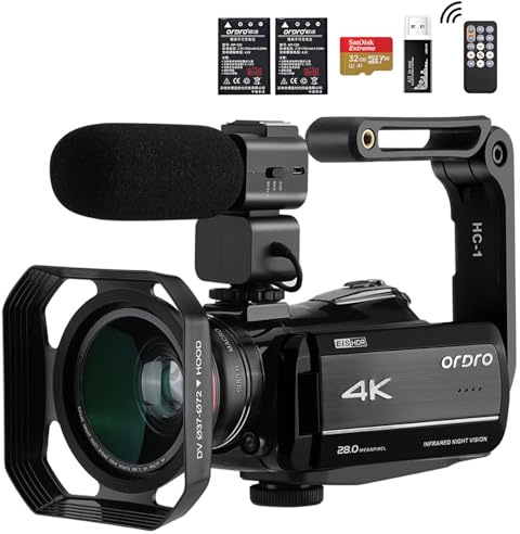 ORDRO Caméscope 4K avec vision nocturne infrarouge, zoom numérique 30x, WiFi, microphone externe et stabilisateur – Caméra de vlogging UHD 30 fps pour YouTube