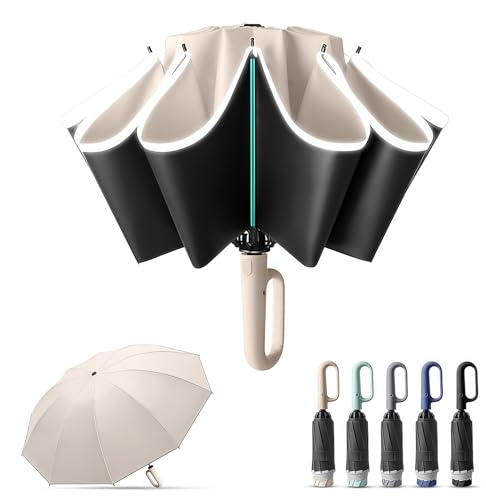 Kisizity Regenschirm Sturmfest, 10 Rippen Umgekehrter Regenschirm Automatik Auf und Zu, 106cm Durchmesser Golf Umbrella mit Schnallengriff und 360° Reflektierende Streifen für Herren und Damen