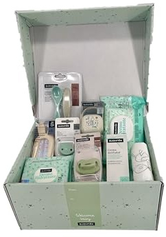 Caja con productos SUAVINEX, Regalo Bebé Recién Nacido Niña Niño Canastilla Bebe Recién Nacido. Chupete Gel Toallitas Loción Crema. Cesta Accesorios Bebe Recien Nacido Regalos Mamás Primerizas