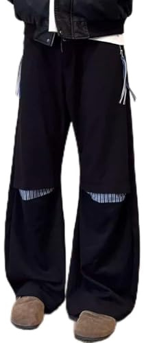 Pantalon machette ample pour homme, polyester déchiré à rayures avec légèrement extensible, pantalon décontracté tendance pour le quotidien et les vacances (2XL noir)