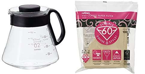 HARIO CD-V60-02 CD Cafetière Range Server V60-02 Microwave-600ml, Glass, 600 milliliters, Black & Hario V60 Filter Papers - Paper Coffee Filters for V60 Dripper, Natural, 100 Pack