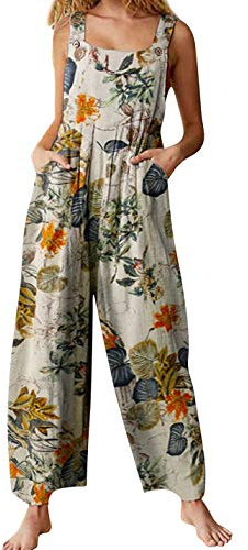 Himosyber Women's Patchwork Dual Pocket Jumpsuit Loose Floral Print Bohemian Wide Leg Bib Overall (#1Yellow, S)