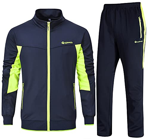 Rdruko Mens Long Sleeve Tracksuits, Fluorescent Green and Navy L