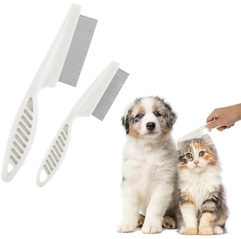 TIESOME 2 pettini antipulci in acciaio inox per cani e gatti, rimuove le macchie di lacrime, favorisce la crescita dei peli, rimuove i peli sciolti e pulci, spazzola doppia per la toelettatura di