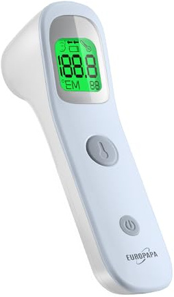 EUROPAPA Febertermometer för bebisar, barn, vuxna, infraröd panntermometer med feberalarm, °C/°F-brytare, 30x mM-minne (blå)