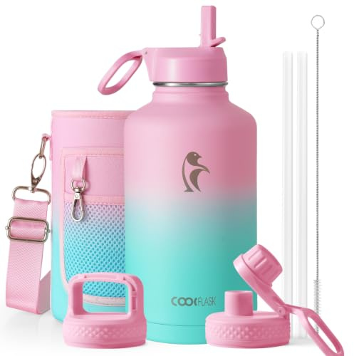 Coolflask Bouteille d'Eau Isotherme 2L Avec Paille et 3 Couvercles - Froide et Chaude en Acier Inoxydable, Isolée, Sous Double Vide et Étanche - Gomme à Bulles