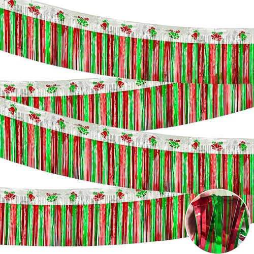 Weihnachtsparade mit Folienfransen, je 3 m x 38,1 cm, rot, grün, silber, Glocken, Lametta, Girlande, Banner, Tischröcke für Weihnachten, Anhänger, Auto, Abschlussfeier, Heimkehr-Party, Glocken, 4