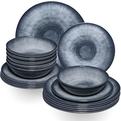 Melamin Geschirr Set Jesolo Grau für 6 Personen - 18 Teile - Steingutoptik Spülmaschinengeeignet Essgeschirr Campingzubehör Campinggeschirr Wohnwagen Camping Festival Picknick Gartenparty