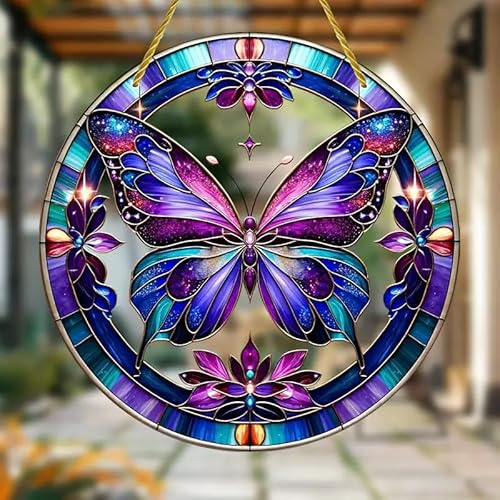 Livfull blomma fjäril färgat fönster hängande solfångare, blomma målat glas solfångare fönsterprydnad målat glas panel solfångare vägg hängande dekor födelsedagspresenter