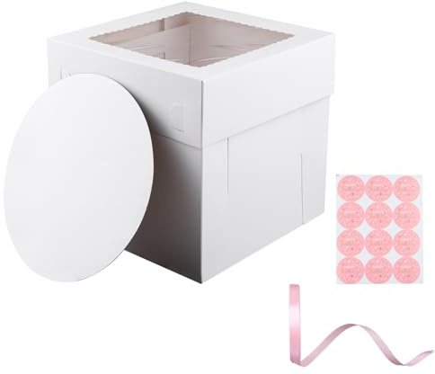 INCREWAY 1 juego de caja blanca para tartas de 10 pulgadas con cinta adhesiva, contenedor cuadrado alto para panadería con ventana grande para bodas, fiestas de cumpleaños, transporte de pasteles