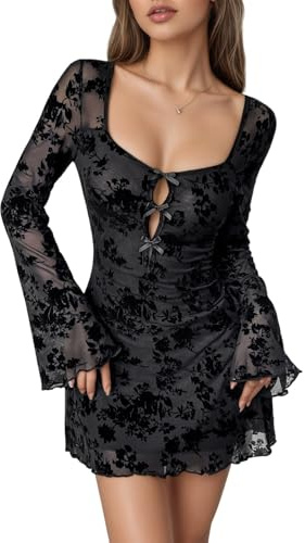 Caxndycing Abito in velluto da donna, elegante, in pizzo, a maniche corte, a vita alta, stile swing, linea ad A, lunghezza al ginocchio, abito da sera, lungo, bello, vintage, da cocktail, da donna