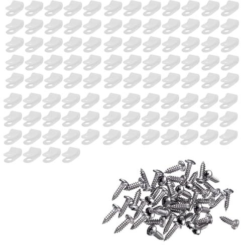 Ruvan 100 Stück Nylon R Type Kabelhalter, 6,4mm (1/4 Zoll) Kabelbinder aus Nylon Typ R mit 100 Stück Schrauben Für Kabelmanagement, Ordnung Garage Haus Büro (Weiß)