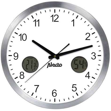 Alecto AK-15 Große, analoge Wanduhr ohne Tickgeräusche, Durchmesser 30 cm, mit Thermometer und Hygrometer