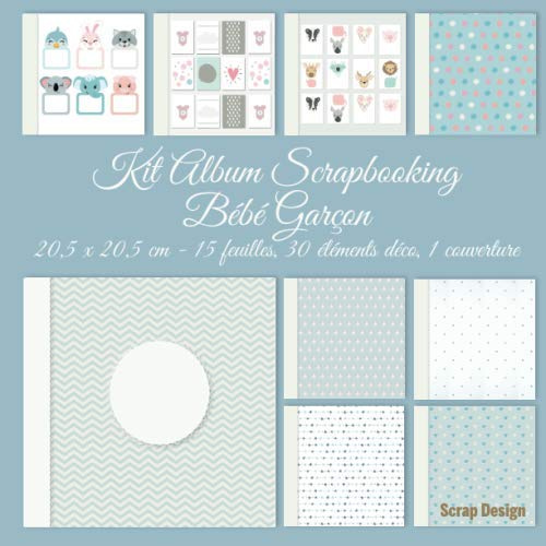Kit Album Scrapbooking Bébé Garçon 20,5 x 20,5 cm, 15 feuilles, 30 éléments déco, 1 couverture