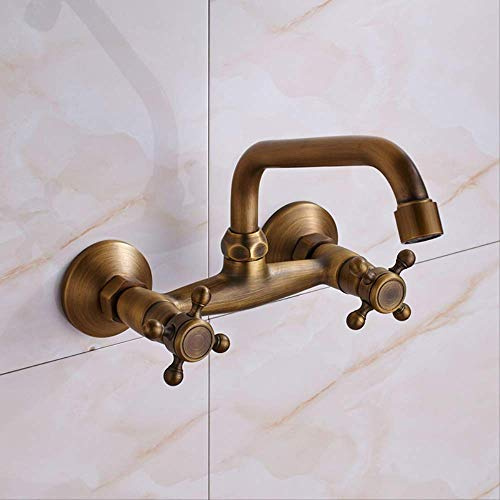 Rubinetto Da Cucina Per Bagno A Parete Doppio Manico Rubinetto Antico In Ottone Per Acqua Calda E Fredda Miscelatore Da Cucina Girevole A 360 ° Con Beccuccio Lungo Ottone antico