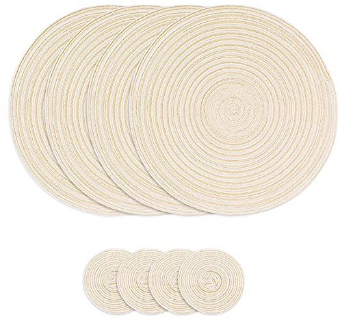 Woven Round Placemats Set, 4 Pcs 38cm Table Cotton Placemats and 4 Pcs 11cm Coaster, Heat Resistant Washable Table Mats for Kitchen, Dining Table (Beige)