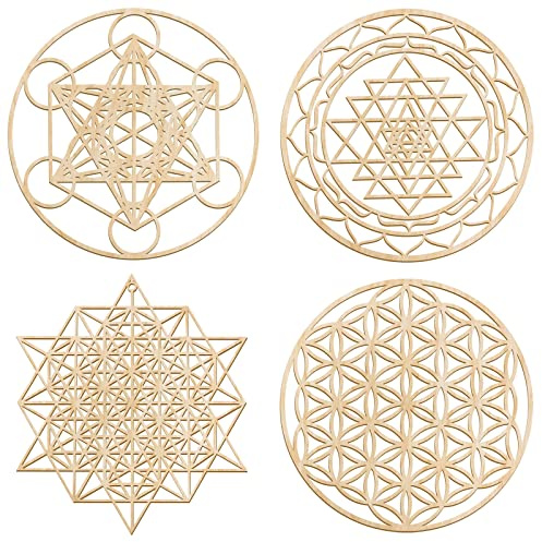 Leinuosen 4 Pcs 12 Inch Crystal Grid Board Sacred Geometric Wall Art Set Metatron Cube, Flower of Life, Sri Yantra, 64 Star Tetrahedron Pagan Decor Home Wall Decor for Room (Wood Color)