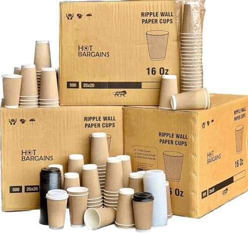HOT BARGAINS - Kraft Triple Walled Disposable Paper Ripple Cups - 50 X 16oz / 460ml, Hot Drink Cups + Reusable Lids (Black/White) (16oz)