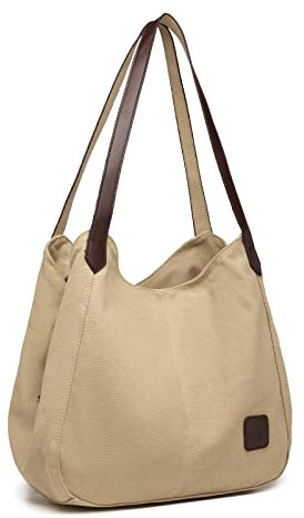 KONO Damen Canvas Schultertasche Vintage Hobo Handtasche Umhängentasche Shopper Tasche für Arbeit Schule Reise(Khaki)