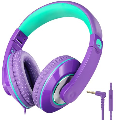 RockPapa Comfort+ Kinder Kopfhörer für Schule Jungen, Kopfhörer Kinder mit Kabel, Faltbar, 3,5 mm Jack, HD-Mikrofon, Over Ear Kinderkopfhörer für Schule/Reise/PC, Violett Grün
