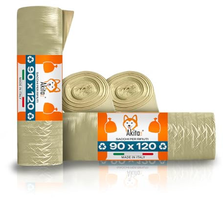 Akitaink 40 Sacchi Spazzatura Grandi 90x120 Trasparenti Ambra Super Resistenti Condominiali 160 Litri - Rotoli da 10 Pezzi, Made in Italy