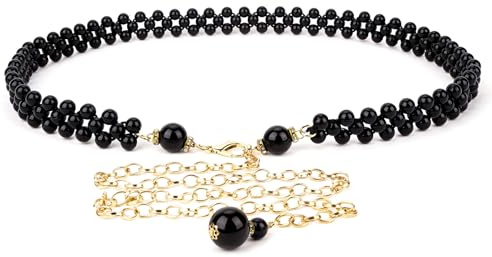 Cinturón de cadena para cintura con perlas sintéticas elásticas para mujer, 30-40 pulgadas, con extensión ajustable, joyería dorada para vestidos, suéteres, formal, fiesta, negro