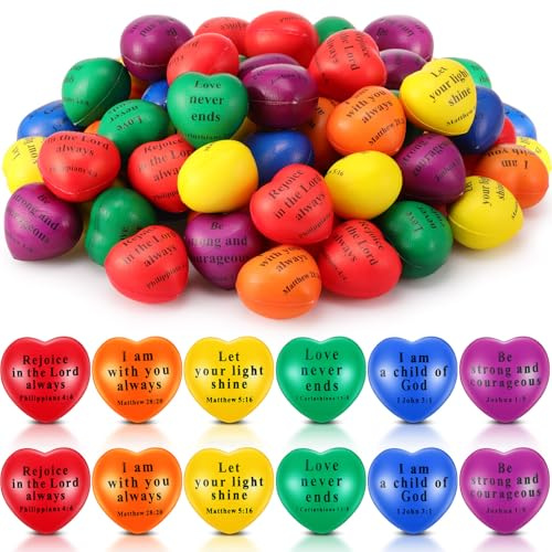 Rotatingpals 60 Pcs Valentine Christian Heart Stress Balls Bulk Jesus Bible Quotes Motivational Relief Stress Balls PU Foam First Communion Baptism Gifts for Religious Party(Bright Color,Groovy)