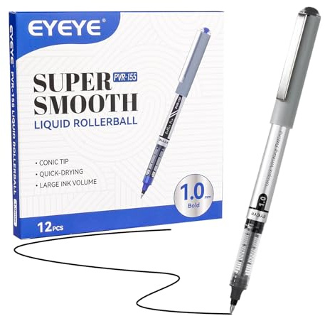 EYEYE Black Rollerball Pens 1.0mm 12 Pack, Roller Ball Pen Bold Point Quick Dry, Liquid Ink Pens Fine Point Smooth Writing Pens for Journaling, Note Taking, School, Office Supplies
