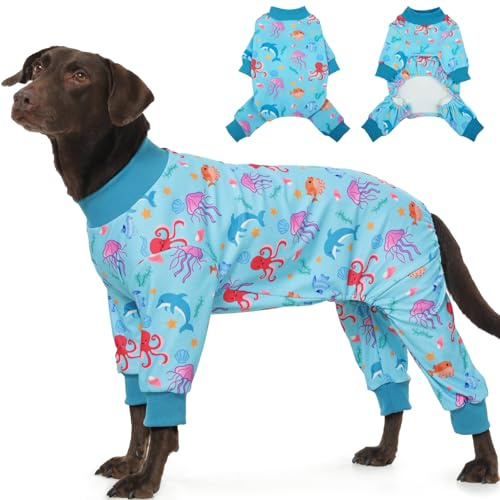 Katzinst Schlafanzug für Hunde, Dehnbar, Hundepyjama mit 4 Beinen, Einteiliger Hundeoverall für Große Hund, Indoor & Outdoor Hunde Schlafanzug für kaltes Wetter | Blau - XL