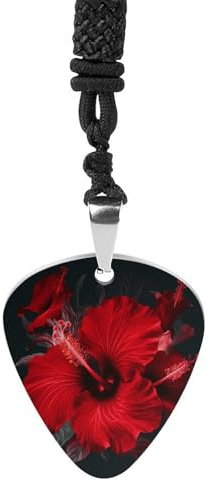 VstaDank Röda hibiskusblommor gitarrplektrum halsband anpassad metall gitarr hänge rock plektrum halsband personlig plektrumhållare hänge för gitarrer bas ukulele